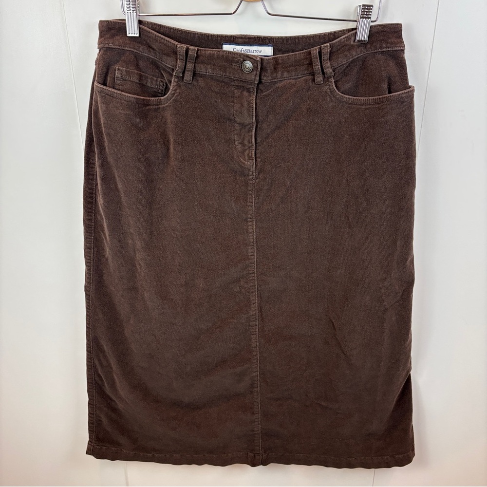 Croft & Barrow Corduroy Midi Skirt Dark Brown Stretch Long A-Line sz 14 Preppy